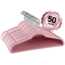 Elama Home 50 Piece Flocked Velvet Clothes Hangers with Stainless Steel Swivel Hooks in Pink